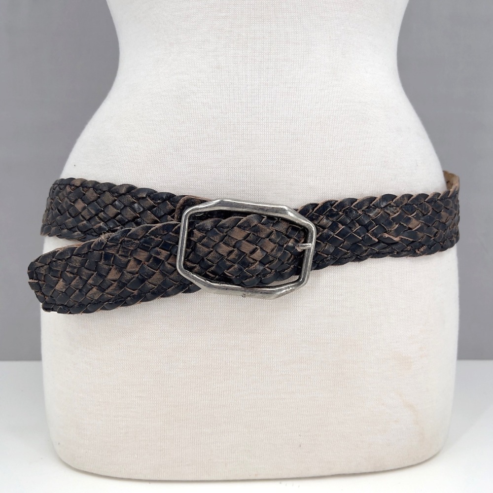 Bed Stu Cobbler Series Women's L Braided Leather Belt Distressed Black Woven